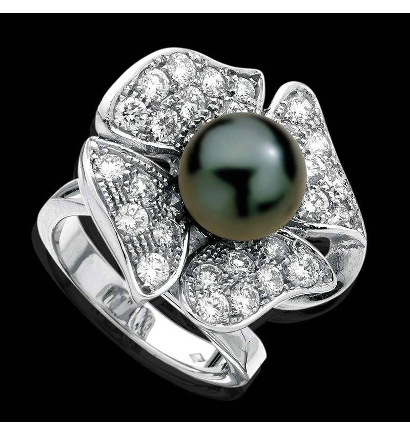 永恒之花黑珍珠钻石密镶订婚戒指