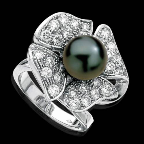 永恒之花黑珍珠钻石密镶订婚戒指