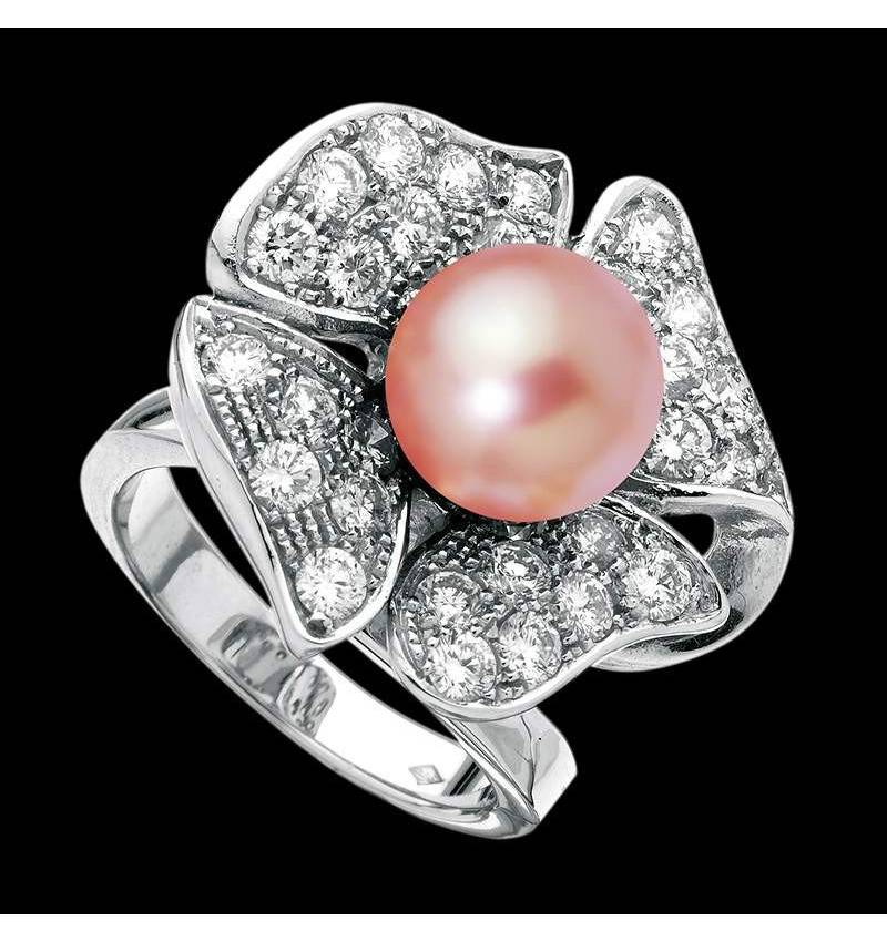 永恒之花粉珍珠钻石密镶订婚戒指